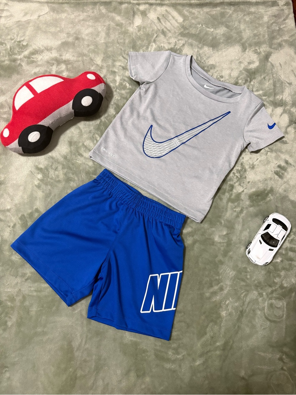 Nike Toddler Gray Tee with Blue Swoosh & Royal Blue Shorts